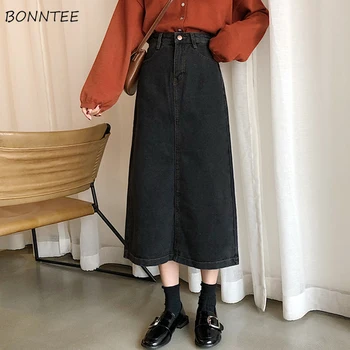 Fuste Femei Denim O-Linie Simplu Stil Coreean Butonul De Buzunar Harajuku Talie Mare Moale Femei Vițel-Lungime Fusta Streetwear Chic