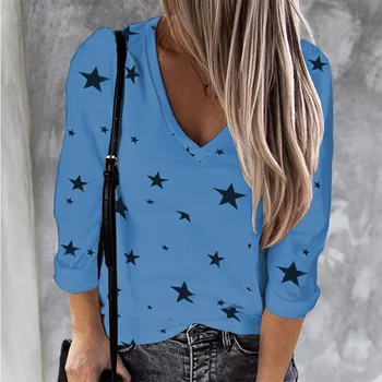 Femei de Moda Pentagrama Imprimare Tricouri T-Shirt 2020 Toamna Topuri cu Maneci Lungi Tricou Vrac Casual Femei Tricou Albastru Dimensiuni Mari 5XL