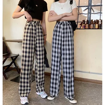 Carouri Elastic Talie Pantaloni Femei Vrac Picior Drept Pantaloni 2020 Coreean Casual Pantaloni Talie Mare Harajuku