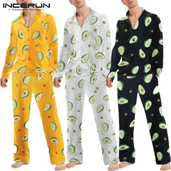 Bărbați Seturi de Pijamale Fructe Imprimat cu Maneci Lungi Confortabil Homewear îmbrăcăminte de noapte Pantaloni Butonul de petrecere a timpului Liber Moale Pijamale Seturi de 2 Bucati INCERUN 7