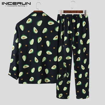 Bărbați Seturi de Pijamale Fructe Imprimat cu Maneci Lungi Confortabil Homewear îmbrăcăminte de noapte Pantaloni Butonul de petrecere a timpului Liber Moale Pijamale Seturi de 2 Bucati INCERUN 7