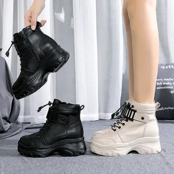 Femei Cizme de Toamna pentru Femei Glezna din Piele Casual creșterea Înălțime 5cm pantofi femei culoare Solidă platformă pantofi pene B22-51