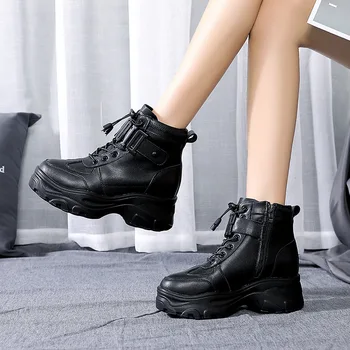 Femei Cizme de Toamna pentru Femei Glezna din Piele Casual creșterea Înălțime 5cm pantofi femei culoare Solidă platformă pantofi pene B22-51