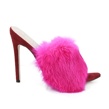 DEleventh EGO SIMMI CAPE Pufos ascuțite stilet tocuri inalte pantofi pentru femeie blană papuci de casă, sandale trandafir galben roz nude negru EUR 43 42