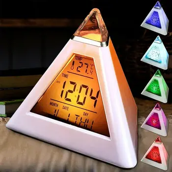LCD Digital Ceas cu Alarma Termometru de Fundal Schimbare Ceas cu Calendar Perpetuu Colorate Con Piramida Stil de Decor Acasă