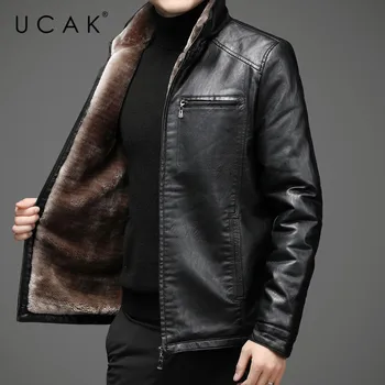 UCAK Nou de Iarna Jachete de Piele pentru Bărbați Afacere cu Haine Casual PU Jacheta Leater Lână Linie Fermoar Îmbrăcăminte Outcoat U8002