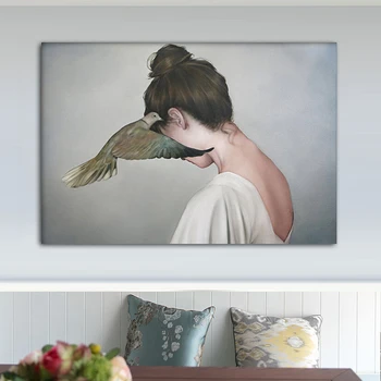 RELIABLI ARTĂ, Fată Imagini de Păsări Stil Nordic Postere Si Printuri Panza Pictura Arta de Perete Pentru Camera de zi de Decorare Suprarealism