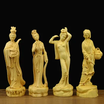 Set de 4 piese din lemn Masiv de frumusete statuie，din Lemn sculptate manual，artă Modernă sculptura，High-end acasă living loft statuie decor