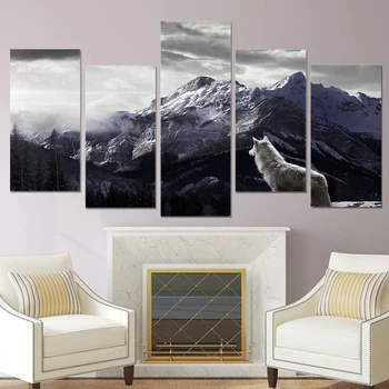 HD Printuri Canvas Wall Art Living Home Decor Poze 5 Bucăți de Zăpadă Platou Montan Lup Picturi de Animale Postere Cadru