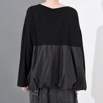 [MEM] Femei Negru Asimetric Dimensiuni Mari Cutat T-shirt Noi Gât Rotund Maneca Lunga Mareea Moda Primavara-Vara 2021 1R46101