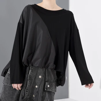 [MEM] Femei Negru Asimetric Dimensiuni Mari Cutat T-shirt Noi Gât Rotund Maneca Lunga Mareea Moda Primavara-Vara 2021 1R46101