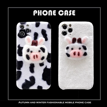 Drăguț 3D Vacă Alb Negru de Pluș Cald Telefon Caz Pentru iPhone 12 11 Pro Max XR XS X 7 8 Plus Silicon Moale de Pluș cu Blană Tesatura de Acoperire