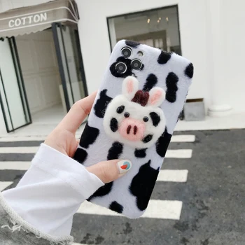Drăguț 3D Vacă Alb Negru de Pluș Cald Telefon Caz Pentru iPhone 12 11 Pro Max XR XS X 7 8 Plus Silicon Moale de Pluș cu Blană Tesatura de Acoperire