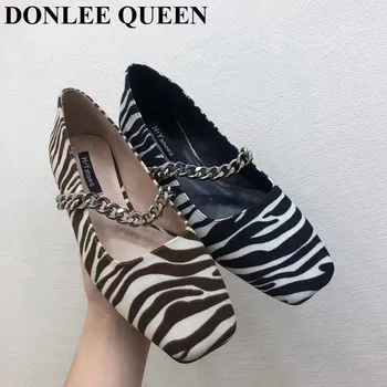 Nouă Primăvară De Moda De Brand Lanț Square Toe Flats Pantofi Femei Alunecare Pe De Balet Plat Zebra Leopard Model Balerine Mujer