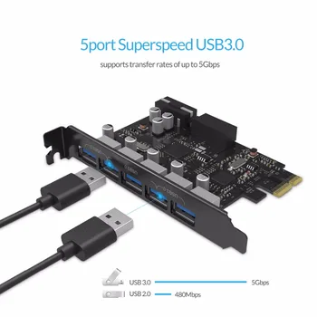 ORICO PVU3-5O2I USB3.0 5-Port PCI-E Card de Expansiune cu Cip Dual de Mare Viteză Cu 20 Pini Slot -Negru