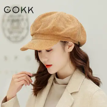 COKK Toamna Iarna Noi Catifea Octogonal Pălărie de sex Feminin Dungi Capac de vânzător de ziare Bereta Pălării Pentru Femei coreea Retro Vintage Capota