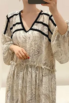 Femei Rochie Negre Glezna-Lungime O-Linie Lung Felinar Sleeve V-Neck Talie Mare Epocă Coreean Summer Chic Francez Rochie Vrac