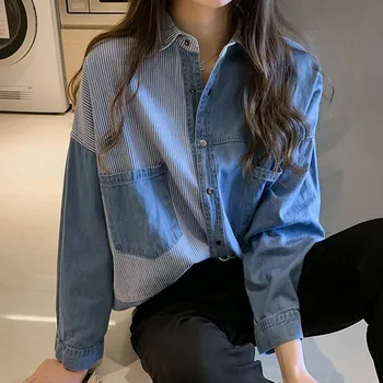 Primăvara Buzunar Topuri coreene Noi, Tricou Femei Bluza Picătură de Umăr Blugi Tricouri Pierde-Fit BF Rever Guler Denim Tricouri Blusas
