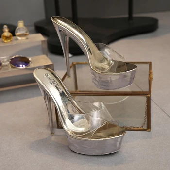Pantofi pentru Femei-un Tub de Oțel Dans Sandale 2019 Cristal Papuci de casă Slide Tocuri de 15cm Transparent rezistent la apa Rece, Papuci de Bine cu