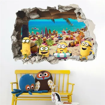 3D Autocolant de Perete Drăguț Mic Galben Băiat În Vacanță Spart Fereastra Copil camere Copii Dormitor Decoraton Vinil Autocolante de Arta Murala Poster