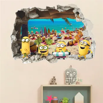 3D Autocolant de Perete Drăguț Mic Galben Băiat În Vacanță Spart Fereastra Copil camere Copii Dormitor Decoraton Vinil Autocolante de Arta Murala Poster