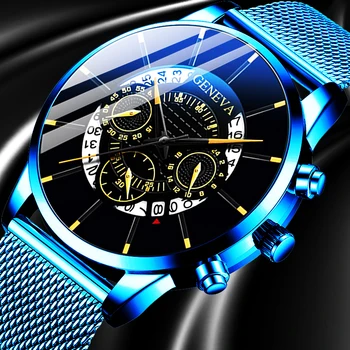 2020 Moda Mens Casual Business Calendar Ceasuri de Lux Albastru Plasă din Oțel Inoxidabil Curea Cuarț Ceas pentru Om