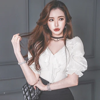 H Han Regina de Vară pentru Femei Bluza Alb Solid Volane Birou Doamnă Camasi Elegante, Bluze Casual coreean Simplu V-neck Șifon Bluza