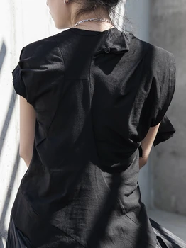 [MEM] Femei Plasture Negru Plisată Split Temperament T-shirt Noi Gât Rotund Maneca Scurta Mareea Moda Primavara-Vara 2021 1S676
