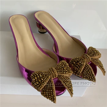 Cristal Fluture nod Banchet Pantofi Femei Bijuterii Rubin Toc sandale Luminoase din Piele Stras Sandale Femei