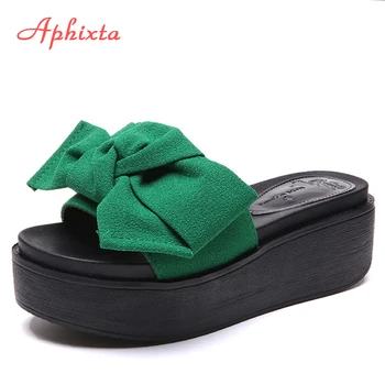 Aphixta Fluture nod Platforma Wedge Papuci de Femei Pantofi de Plaja Bloca Panglică Verde Sandale Flip Flop Diapozitive Pantoufle Femme