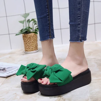 Aphixta Fluture nod Platforma Wedge Papuci de Femei Pantofi de Plaja Bloca Panglică Verde Sandale Flip Flop Diapozitive Pantoufle Femme