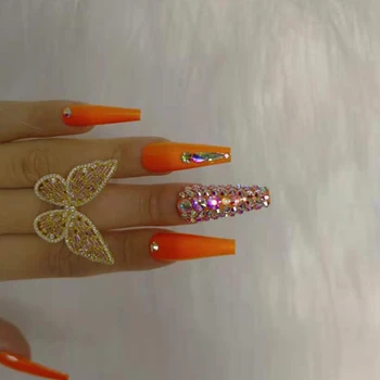 24buc 2021 Cel mai nou design de lux, bijuterii de balet sicriu unghii false cristal de diamant portocaliu
