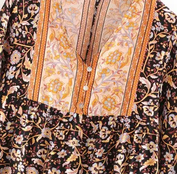 2020 Bohemia Negru Portocaliu Print Floral Deschide butoanele V gât BOHO Tricou Femei de Vacanta Bluza cu Maneci Lungi Topuri Plaja Blousa