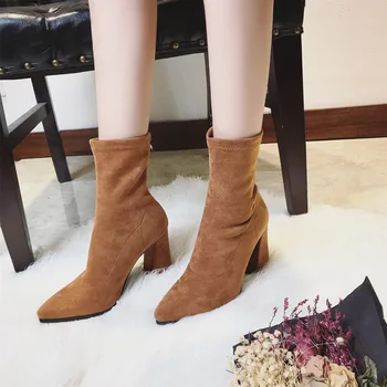 2018 Faux piele de Căprioară Femei Șosete Cizme Tocuri Groase Glezna Cizme pentru Femei de Moda Slim Stretch Pantofi de Femeie