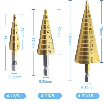 4-12/20/32mm 3pcs Pas Burghiu Unibit Titan HSS Oțel Con de Foraj Industriale Alezor Hexagon Kit Set Freze Gaura