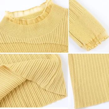 2020 Toamna Dantela Gol maneca Lunga pulover Femei tricotate Plasă Subțire Un Umăr Pe pulovere Mozaic Elastic Doamnelor Topuri