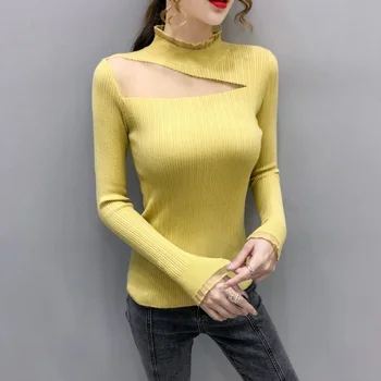 2020 Toamna Dantela Gol maneca Lunga pulover Femei tricotate Plasă Subțire Un Umăr Pe pulovere Mozaic Elastic Doamnelor Topuri