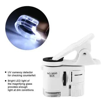 9595W 60X Lupa LED Lumina UV Mini Telefon Mobil Clip Microscop