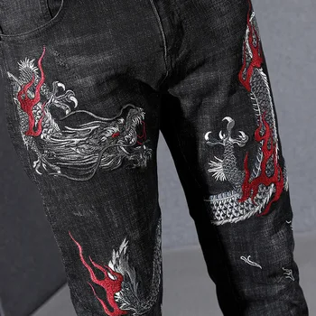 Barbati dragon Chinezesc broderie blugi de Moda brodate slim straight denim stretch pantaloni Pantaloni