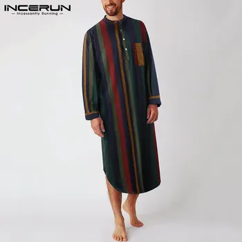 Moda barbati Maneca Lunga, Pijamale Stand Guler cămașă de noapte INCERUN Vintage cu Dungi Somn Halate de Om Liber din Bumbac, Halate de baie