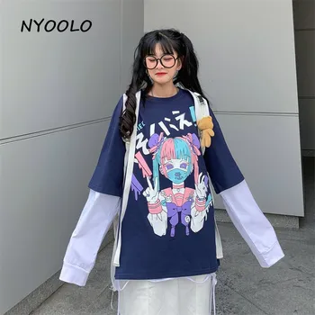NYOOLO Harajuku fata Anime scrisori de imprimare fals 2 piesă de mozaic maneca lunga T-shirt femei Toamna liber din bumbac, pulovere topuri