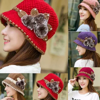 2019 Pălărie Nouă Pentru Femei de Moda de Iarnă Doamna Cald Pălărie Tricotate Croșetat Flori Decorate Urechi Pălărie sombrero