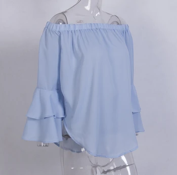 Femei de moda de Vară solid cămașă bluză Lungă flare Sleeve de pe umăr liber tricou casual bluza topuri