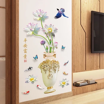 3D Pașnică Avere Lotus Vaza DIY Perete Autocolant Auto-Adeziv Chinese Word Decal Home Decor Living Bucatarie Dormitor Tapet