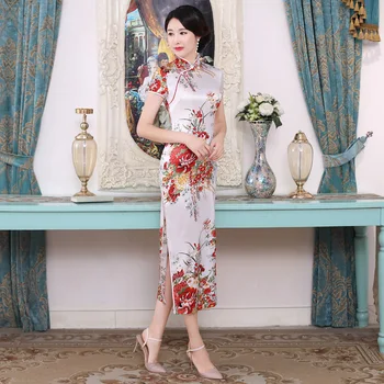 Alb de Femei din China, Qipao Plus Dimensiune 3XL Vantage Imprimare de Flori Cheongsam Pata subțiri Lungi Rochii Elegante Rochie Chinez de sex Feminin