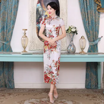 Alb de Femei din China, Qipao Plus Dimensiune 3XL Vantage Imprimare de Flori Cheongsam Pata subțiri Lungi Rochii Elegante Rochie Chinez de sex Feminin