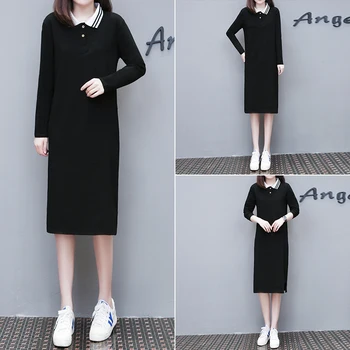 Lungă Maneca Rochie Casual Elegant de Epocă Femei, Plus Dimensiune Haine Rochie Neagra cu Dungi Polo Neck T-shirt Vestidos Mujer Harajuku