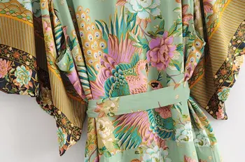 2021 Boho V Gât Păun Floare de Imprimare Mult Kimono Dress Etnice Nou Siret cu Eșarfe Lungi Cardigan Vrac Femme Rochie Lunga