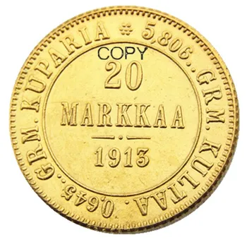 1913 S FINLANDA RUSIA IMPERIALĂ 20 MARKKAA Placat cu Aur Copie monede