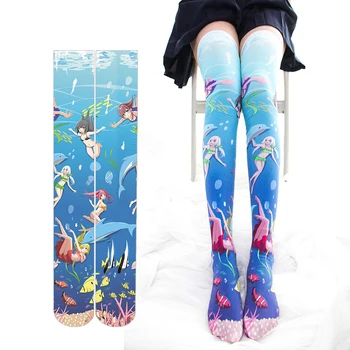 2019 Femei Basm Tema Ocean Tipărite Ciorapi Șosete Lolita Fete Coapsa Inalta Șosete Albastru Peste Genunchi Ciorap